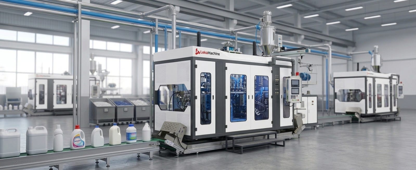 Plastic blow molding production line for bottle and container manufacturing