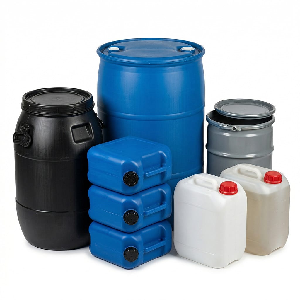Plastic drum and jerry can containers for industrial packaging applications