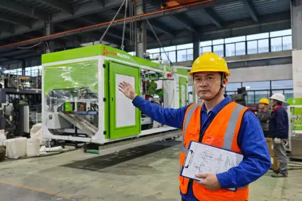 Safe rigging and unloading of heavy all electric extrusion blow molding machine at factory (ID#1)