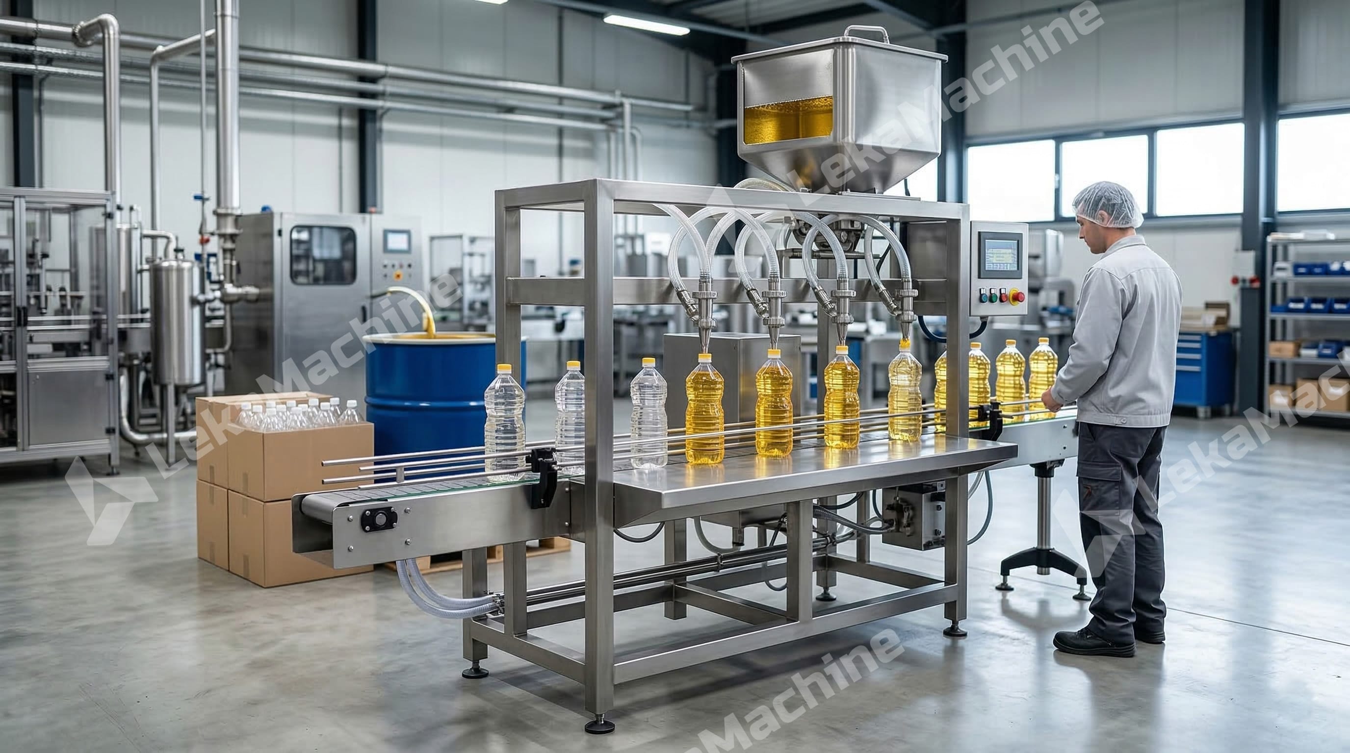 A factory worker operating a stainless steel semi-automatic edible oil filling machine, guiding bottles under the nozzles.