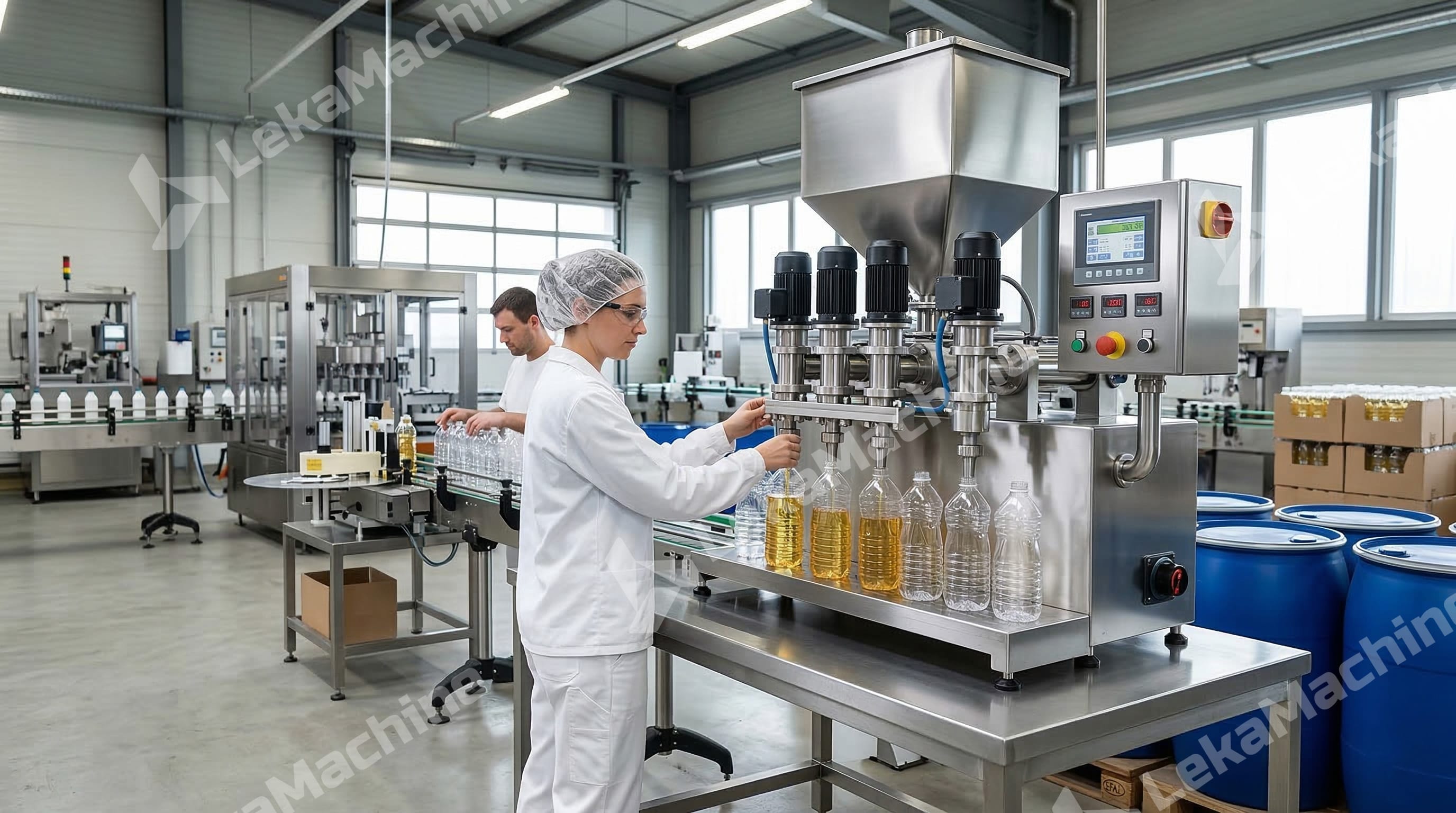 Factory operators using a stainless steel semi-automatic piston filling machine to fill liquid into plastic bottles.