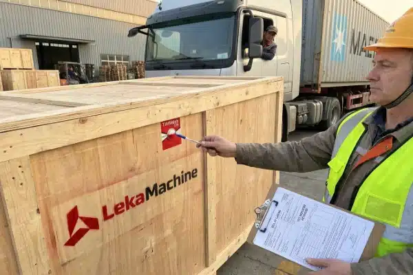 Inspecting shock and tilt indicators on the machine crate for shipping damage documentation (ID#5)
