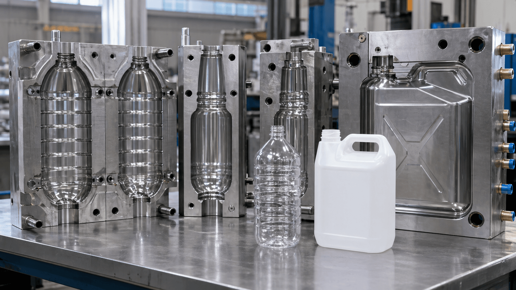 Blow molding mold cavity and sample plastic containers for bottle production
