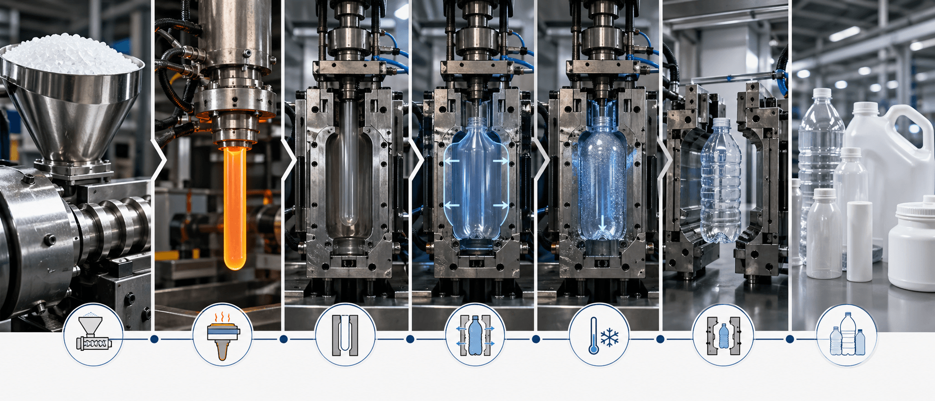 Plastic blow molding process from material feeding to finished bottle production